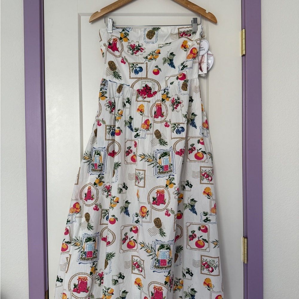 NWT Strapless Cotton Tropical Fruit Midi Dress